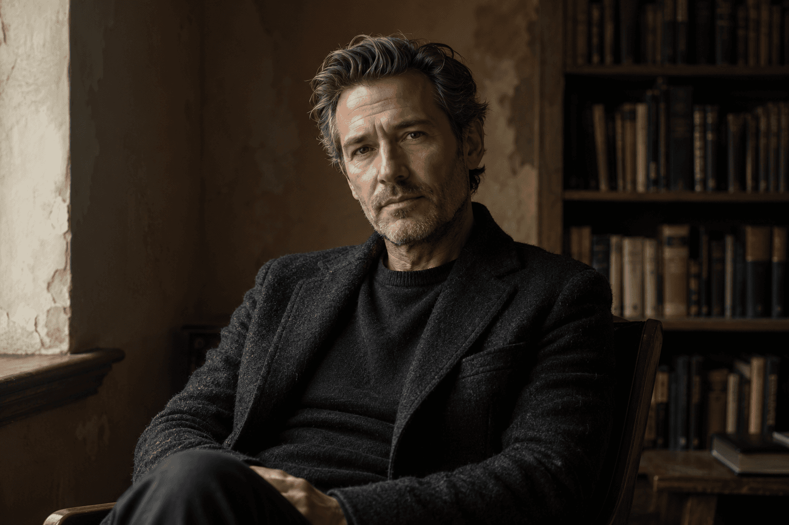 Fictional author L.P. Drivskin seated for an editorial portrait