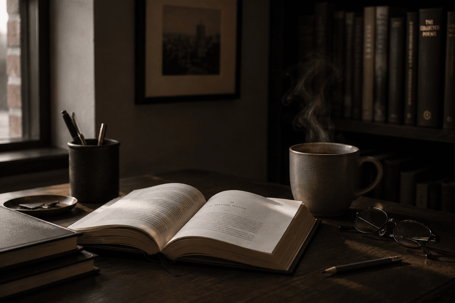 An open book, ceramic cup, pencil, and reading glasses on a quiet writing desk
